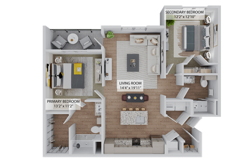 Floor plan for 2 beds, 2 baths, 1193 sqft